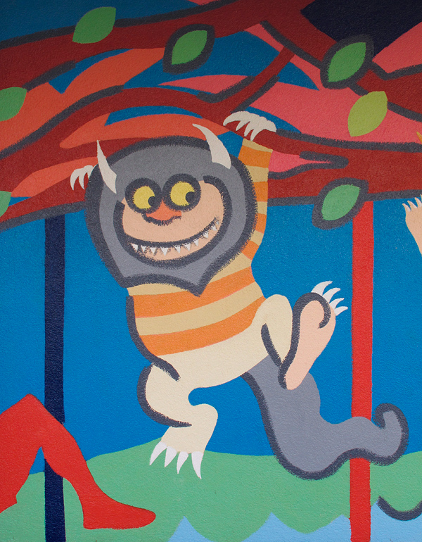 Storybook mural - Where the Wild Things Are wild thing creature swinging from tree - Kester Elementary in Van Nuys, CA