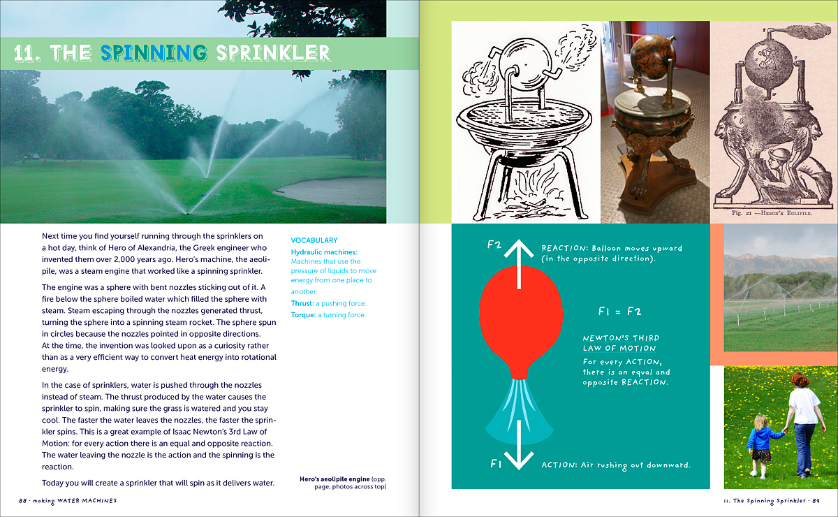 Newton's law of action reaction in spinning sprinkler intro, Making Water Machines book