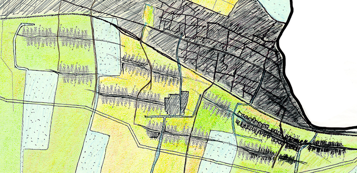 hand-drawn and colored site plan, proposed urban development over former salt marshes, Oshio, Japan
