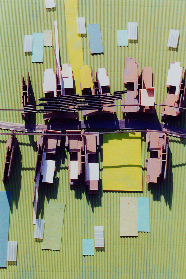 painted cardboard model of housing units along street, proposed urban development over former salt marshes, Oshio, Japan