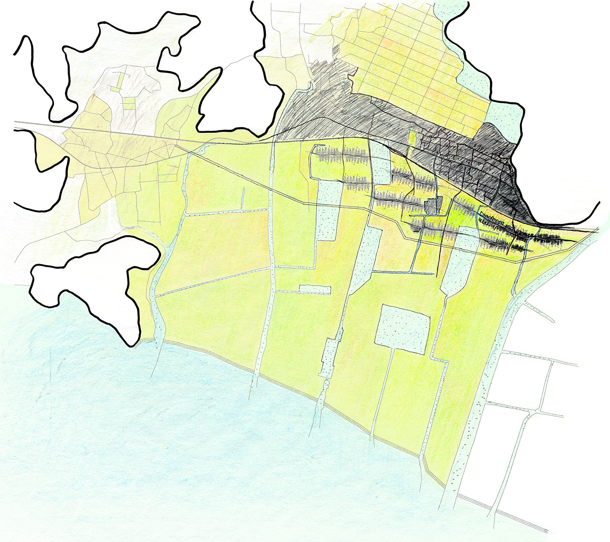 hand drawn regional design map/site plan, proposed urban development over former salt marshes, Oshio, Japan