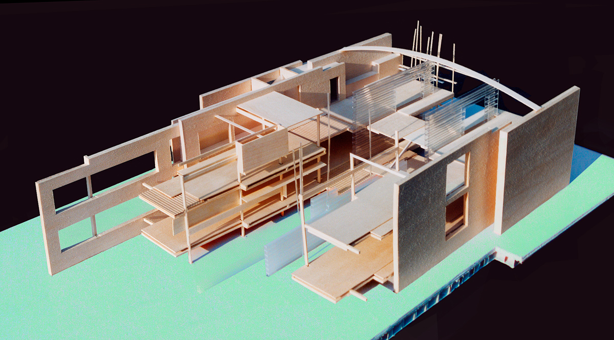wood model of housing units, proposed urban development over former salt marshes, Oshio, Japan