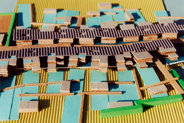 painted carboard and paper model of residential street, proposed urban development over former salt marshes, Oshio, Japan