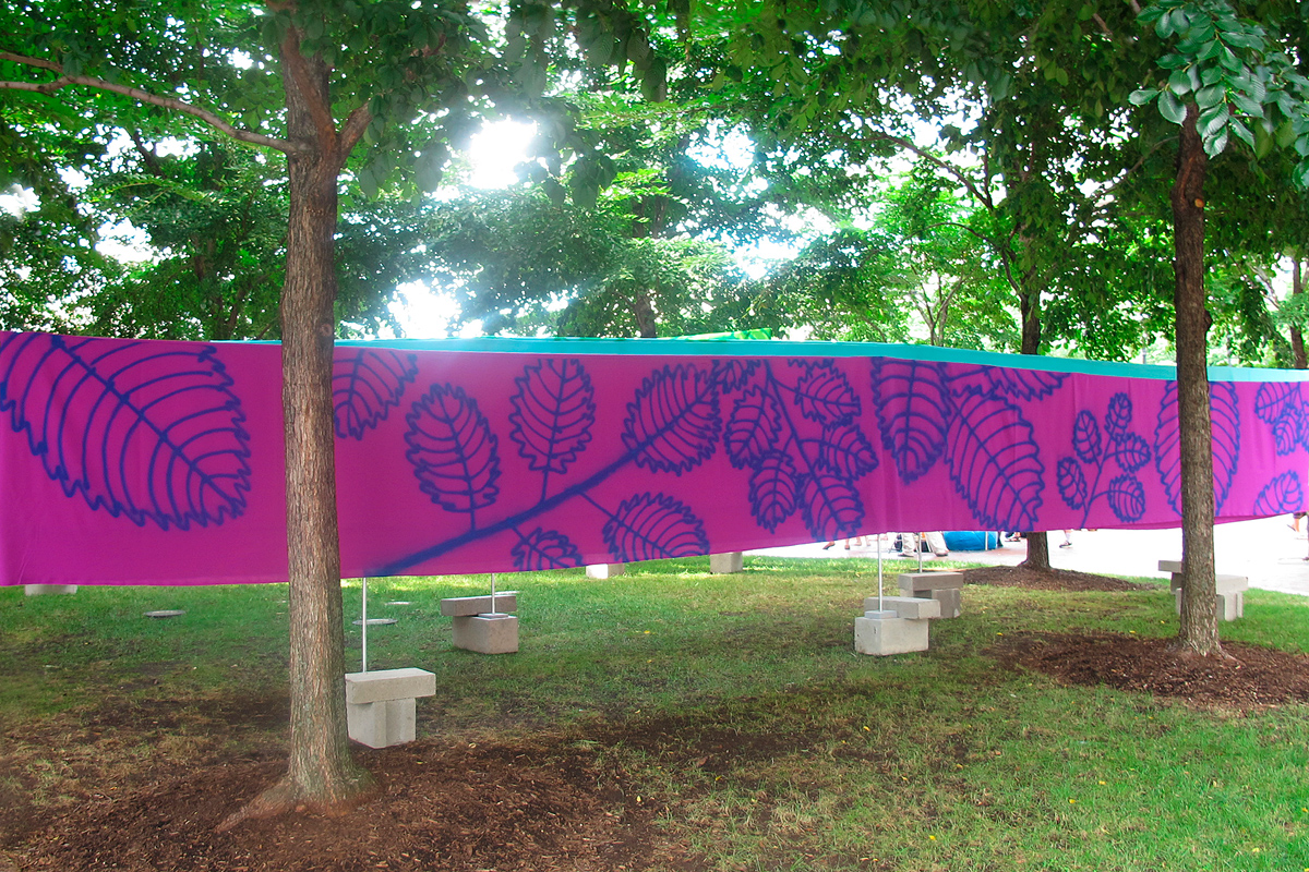 long purple panel with cartoon leaves painted on it, Wharf District Parks, Boston