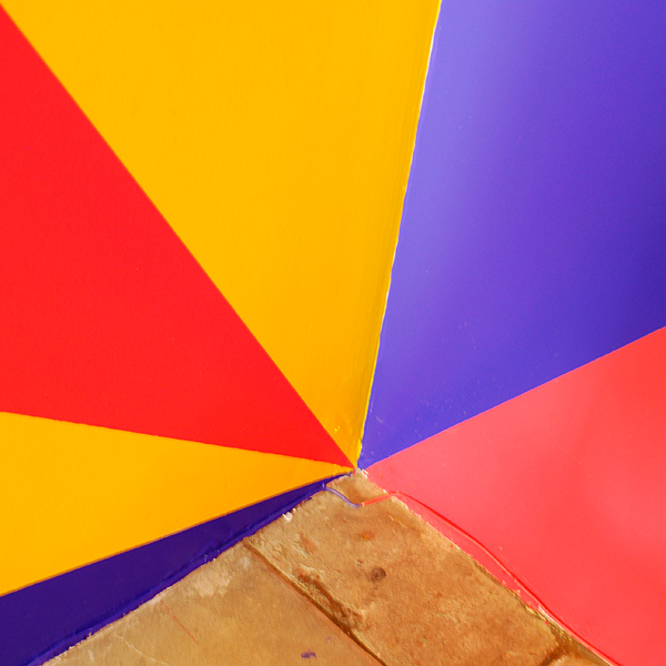forced perspective paint design, triangulating walls in bright yellow, navy, and pinkish-red, in kids STEM after-school studio, Iridescent, LA