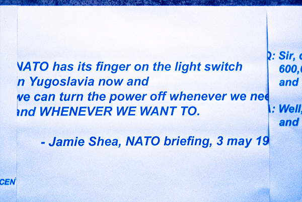 War protest sheets with quote from Jamie Shea, NATO