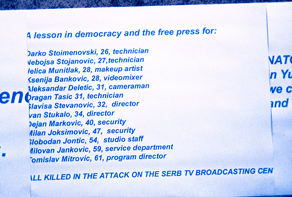 War protest sheet with list of casualties of Serbian free press bombed at TV station