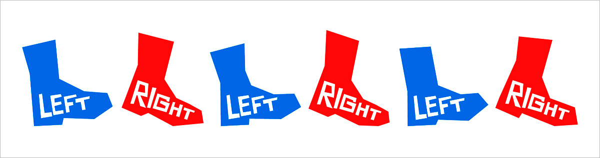 Left Right text in blue & red boots graphic