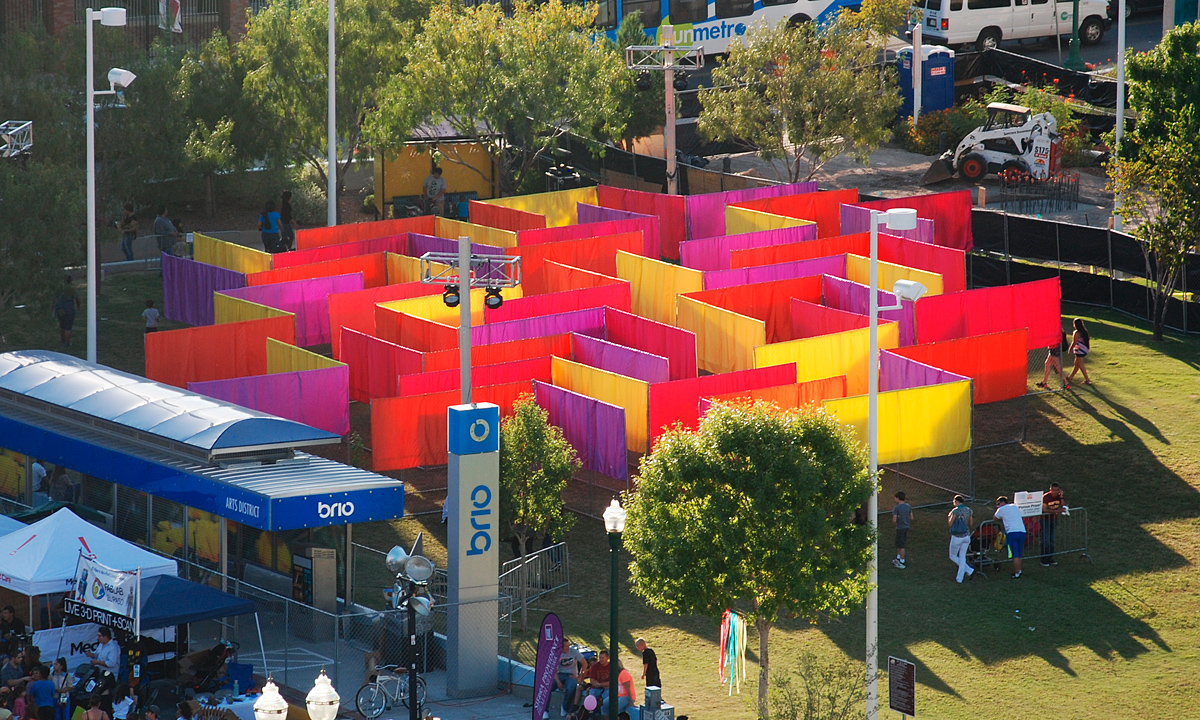 Porous Prism immersive art installation in Cleveland Sq Park, El Paso, TX