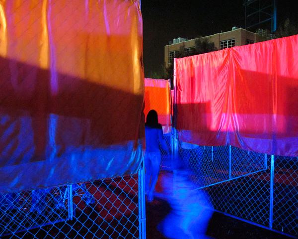 people exploring art installation at night