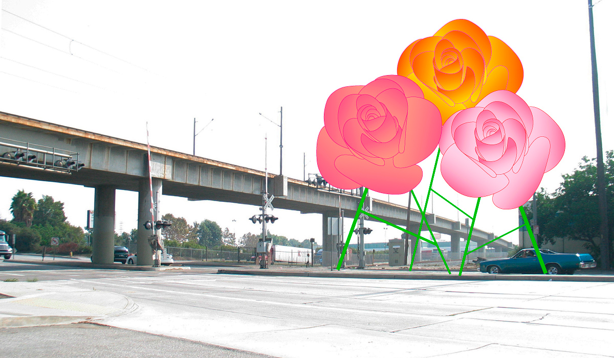 Giant sculptures of roses emitting operas in industrial part of Long Beach
