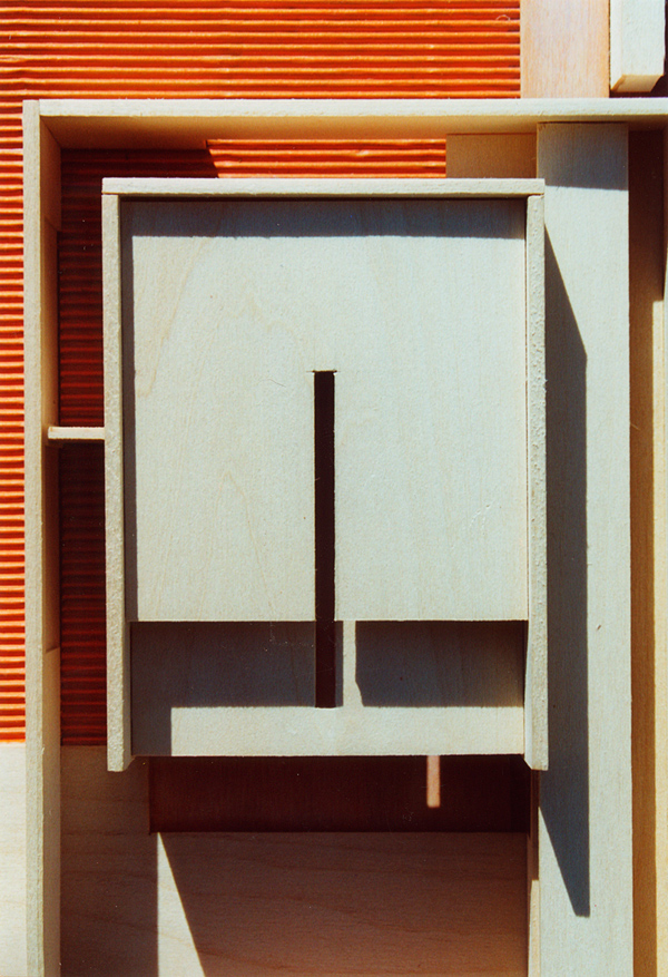 main chapel wood model detail showing abstract cross created by roof break and roof slit, proposed cemetery across the US-Mexico border, Tijuana-San Diego