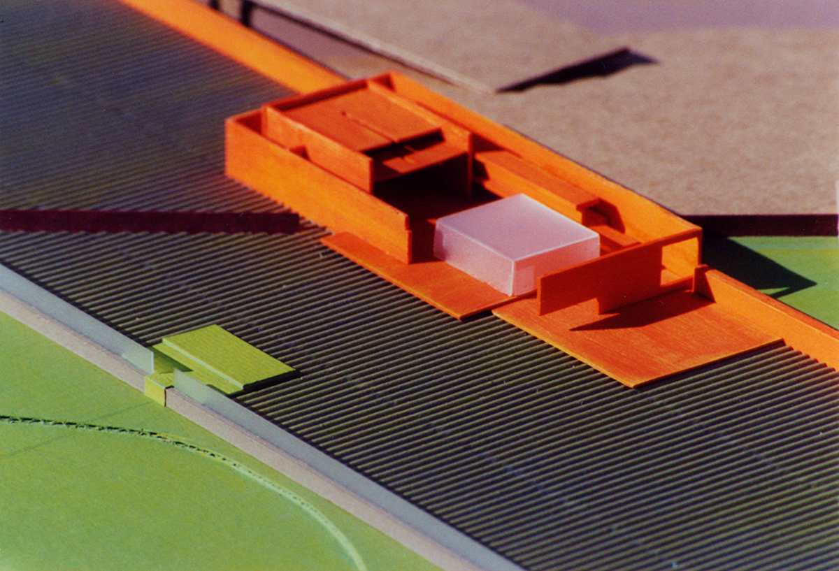 main chapel complex wood model, painted orange, proposed cemetery across the US-Mexico border, Tijuana-San Diego