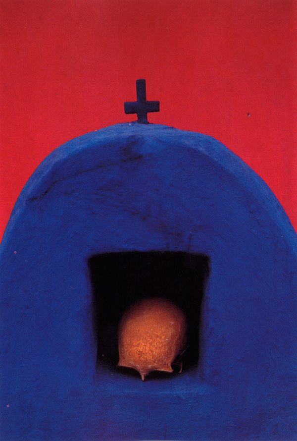 skull in open village tomb, painted blue, Pomuch, Campeche, Mexico, from Maya Color by Jefferey Becom, 1997