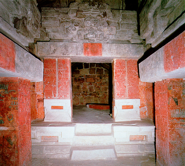 inside tomb at Monte Alban burial precinct, Oaxaca, Mexico, by Arthur G. Miller