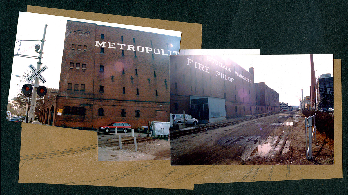 Phop/drawing collage of Metropolitan Storage Warehouse and train tracks with mud, view from Mass Ave, Cambridge