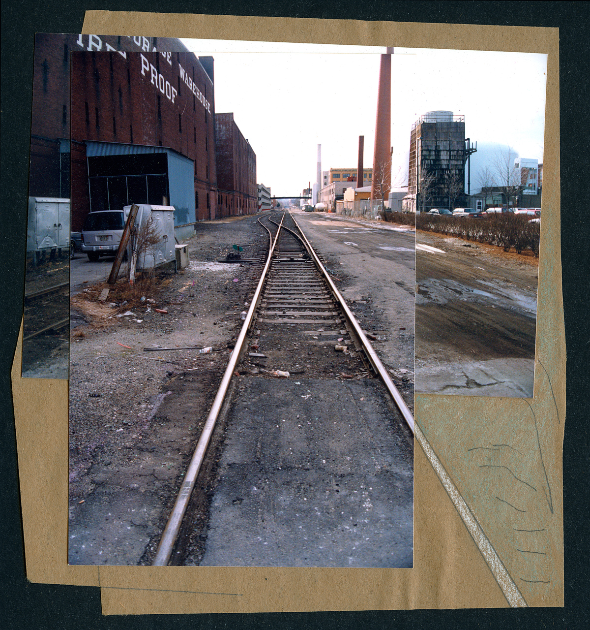 Phot/drawing collage of train tracks and mud next to Metropolitan Storage Warehouse, view from Mass Ave, Cambridge