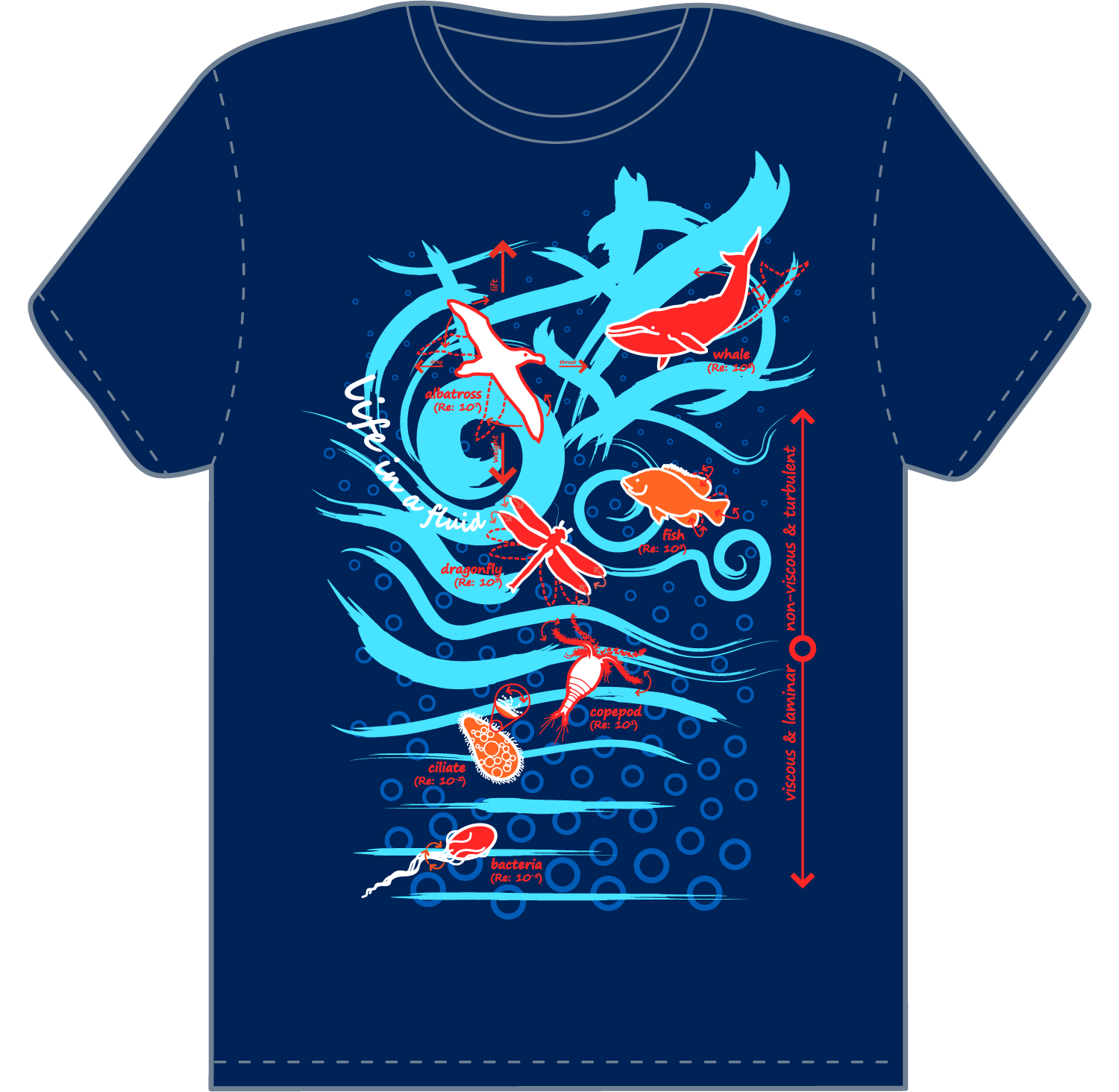 T-shirt comparing animal locomotion methods against the Reynolds number, for Iridescent