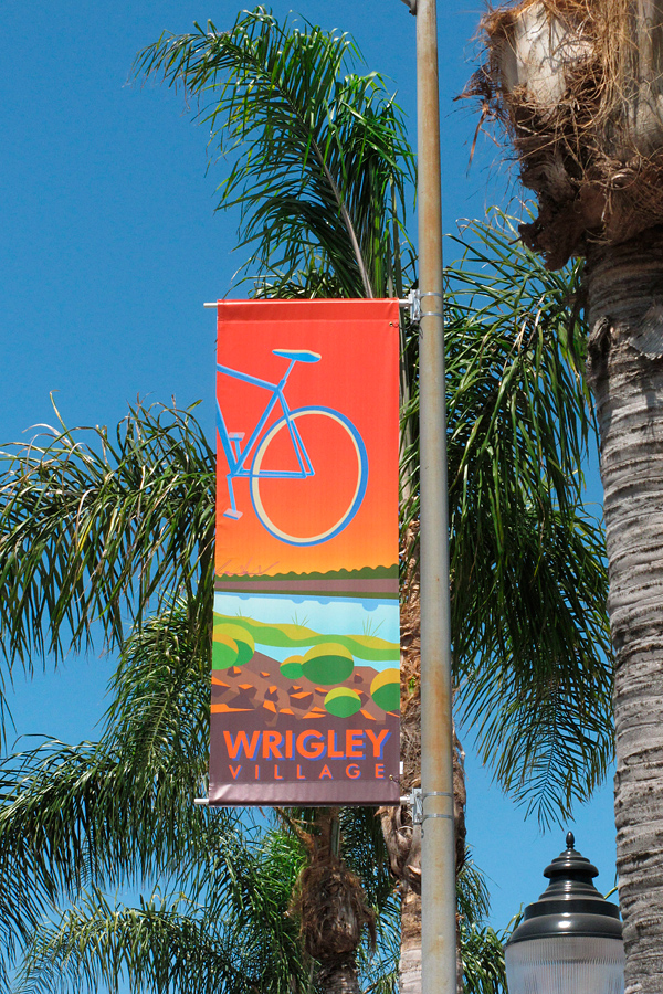 bike path along the Los Angeles River Estuary street banner on Pacific Ave, Wrigley Village, Long Beach, CA