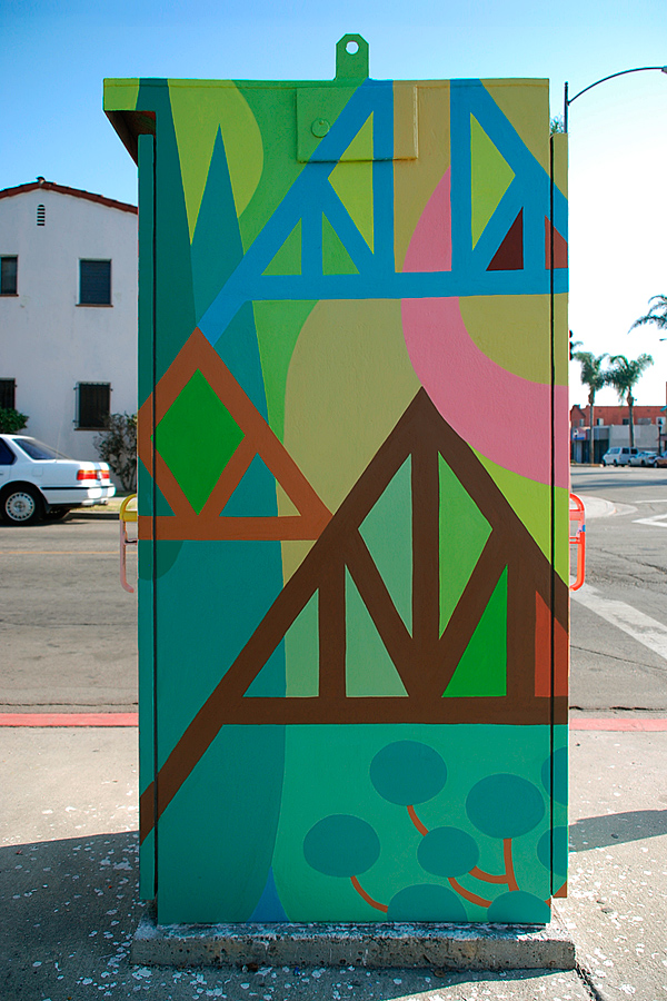 Tudor architectural style mural on traffic box at Pacific Ave and Hill St, Wrigley Village, Long Beach, CA