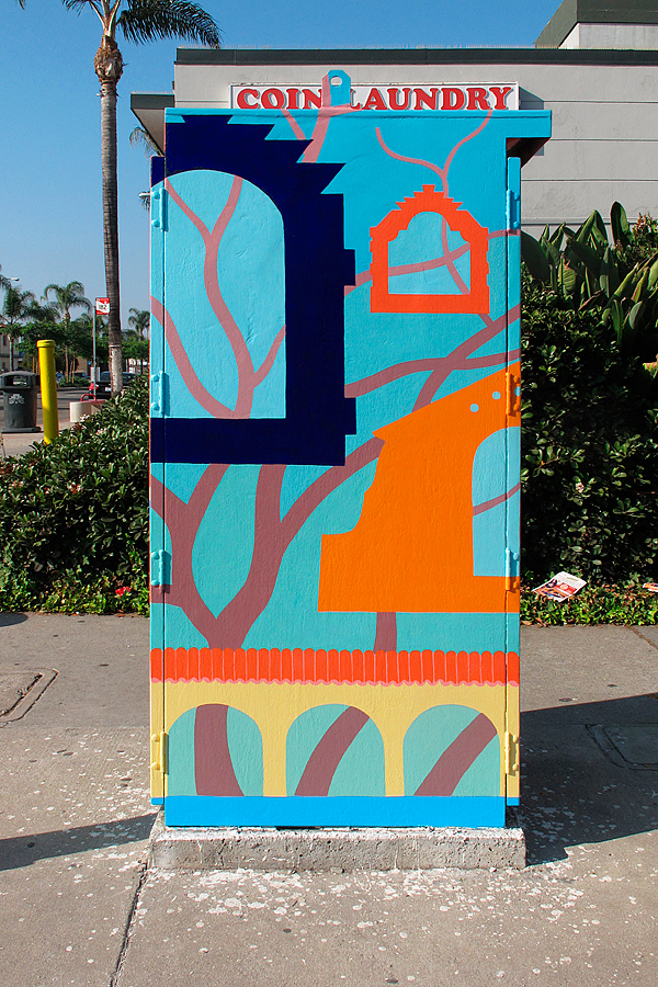 Spanish Colonial architectural style mural on traffic box at Pacific Ave and Hill St, Wrigley Village, Long Beach, CA