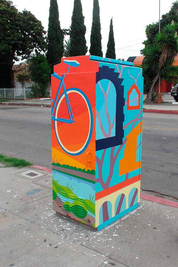 bike along the LA river and Art Deco architectural style murals on traffic box at Pacific Ave and 20th St, Wrigley Village, Long Beach, CA